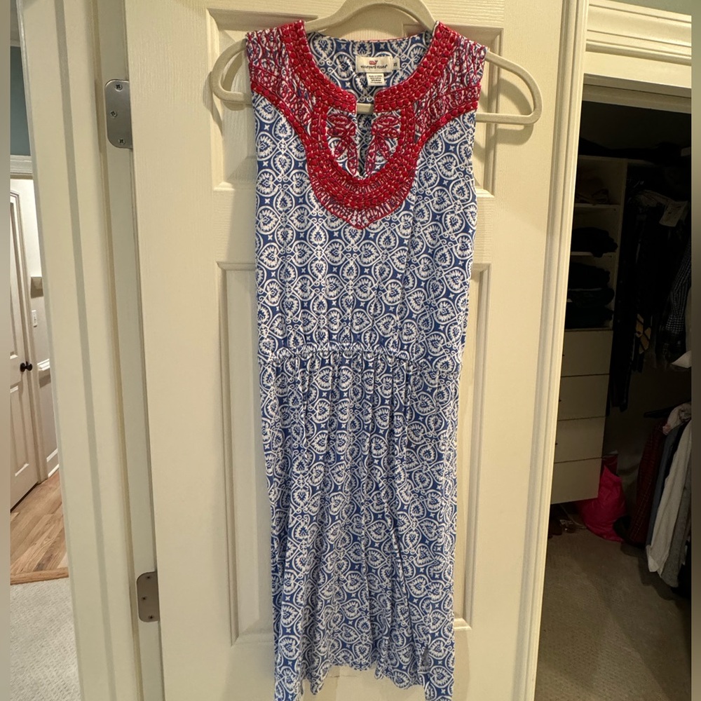 Vineyard Vines XS Blue Tile Print Geometric  Embroidered Sleeveless Dress